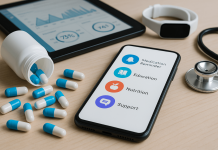 Pharma Health Ecosystems: Moving Beyond the Pill Bottle A pill bottle with capsules beside a smartphone displaying health app icons, a tablet with data charts, a fitness tracker, and a stethoscope on a wooden surface.