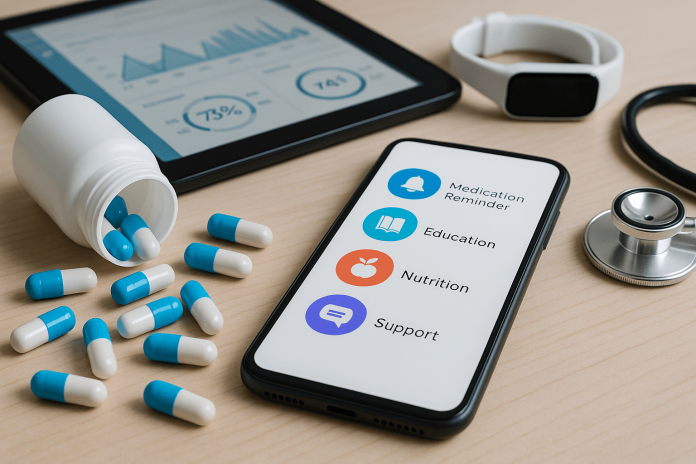 A pill bottle with capsules beside a smartphone displaying health app icons, a tablet with data charts, a fitness tracker, and a stethoscope on a wooden surface.