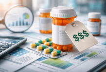 Rethinking Drug Pricing Communication: Communicating Value Beyond the Sticker Price Prescription bottle with price tag beside pills and financial charts symbolizing drug pricing communication and transparency in pharma marketing.