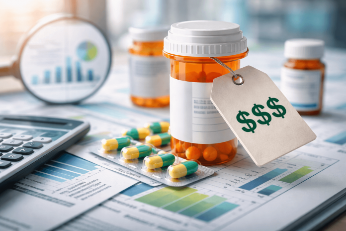 Prescription bottle with price tag beside pills and financial charts symbolizing drug pricing communication and transparency in pharma marketing.