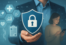 Ethical Targeting in the Age of Health Data Brokers: Where Pharma Must Draw the Line Illustration of a professional holding a lock shield symbol next to a woman using a smartphone, representing ethical targeting and health data privacy in pharma marketing.