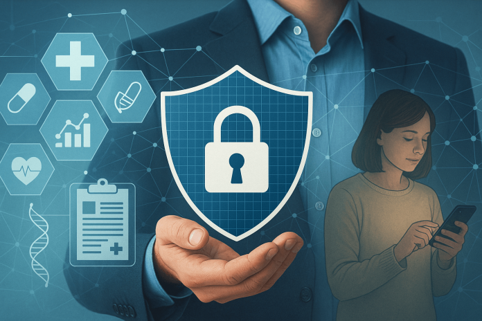 Illustration of a professional holding a lock shield symbol next to a woman using a smartphone, representing ethical targeting and health data privacy in pharma marketing.