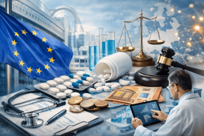 A symbolic image showing the European Union flag, pharmaceuticals, and regulatory symbols representing the EU pharma reform’s impact on drug marketing and access.
