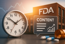 FDA Real‑Time Review Era: What It Means for Pharma Content Strategy A digital collage showing a clock, FDA headquarters, digital content interface, and pharmaceutical items symbolizing the urgency of real-time pharma content strategy.