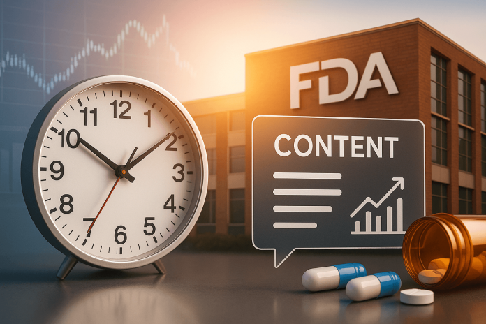 A digital collage showing a clock, FDA headquarters, digital content interface, and pharmaceutical items symbolizing the urgency of real-time pharma content strategy.