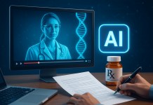 Generative Video in Pharma: Can Scalable Storytelling Preserve Trust and Accuracy? AI-generated video on computer screen with doctor, DNA, and prescription visuals representing pharma content creation.
