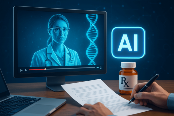 generative-video-pharma-ai-content AI-generated video on computer screen with doctor, DNA, and prescription visuals representing pharma content creation.