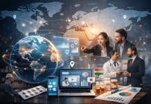 Think Global, Flex Local: Building Pharma Campaigns That Adapt Without Losing Alignment Digital composite showing global pharmaceutical marketing strategy with professionals, technology, and a world map highlighting local adaptations.