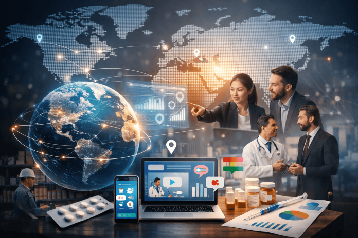 Digital composite showing global pharmaceutical marketing strategy with professionals, technology, and a world map highlighting local adaptations.
