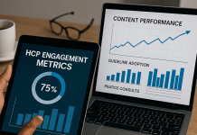 From Clicks to Clinical Conversations: Redefining Content Performance in HCP Engagement A person analyzing HCP engagement metrics on a tablet and laptop with graphs showing content performance and clinical outcomes.