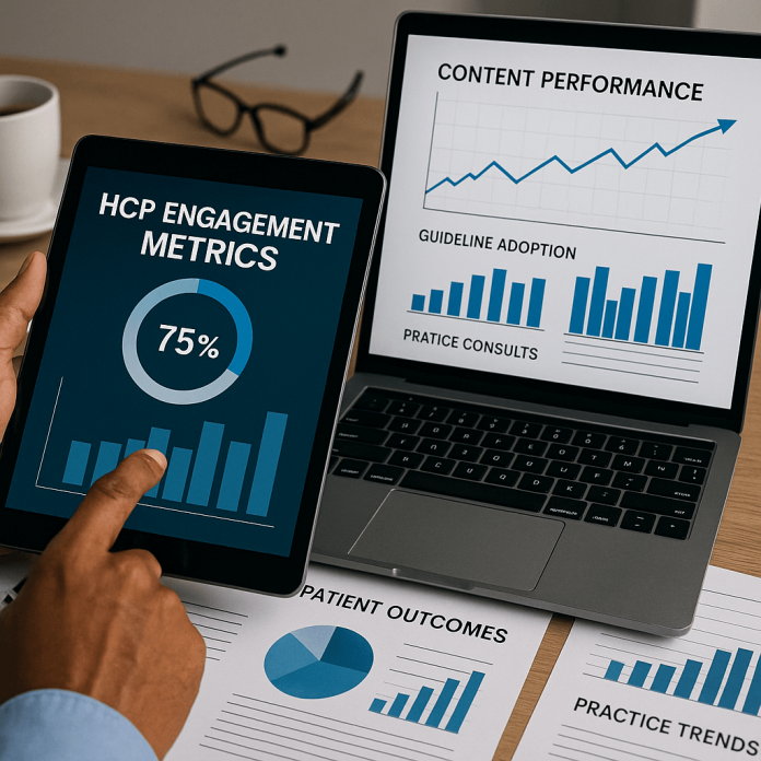 A person analyzing HCP engagement metrics on a tablet and laptop with graphs showing content performance and clinical outcomes.