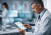 From Digital Ads to Clinical Utilities: Creating Pharma Content That Supports HCP Decisions Doctor using a tablet displaying clinical tools like dosage calculators and treatment pathways in a modern medical office