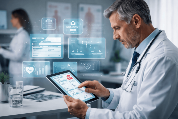 Doctor using a tablet displaying clinical tools like dosage calculators and treatment pathways in a modern medical office