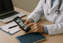 The New HCP Inbox: How Messaging Apps Are Quietly Reshaping Pharma Engagement A doctor using a smartphone messaging app at a desk with a laptop and notepad, illustrating modern HCP engagement tools.