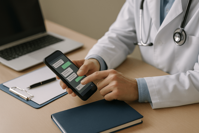 A doctor using a smartphone messaging app at a desk with a laptop and notepad, illustrating modern HCP engagement tools.