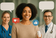 Beyond KOLs: Building Credibility with Everyday Experts in Health Communities A nurse, pharmacist, and smiling woman with social media icons symbolizing healthcare influencer engagement