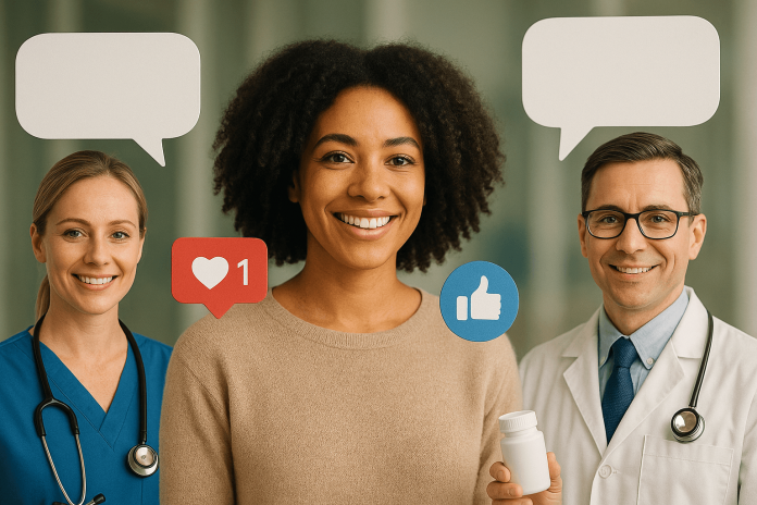 A nurse, pharmacist, and smiling woman with social media icons symbolizing healthcare influencer engagement