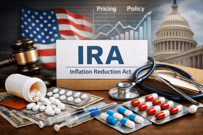 Prescription drugs, stethoscope, and Inflation Reduction Act document in front of the U.S. Capitol, representing the IRA’s impact on pharma pricing and marketing strategies.