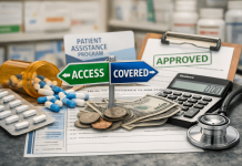 Lead With Access: Why Pharma Campaigns Should Start With Coverage, Not Brand Awareness Conceptual image showing medical costs, prescription pills, insurance documents, and a sign reading “Access” and “Covered,” symbolizing payer-first pharma marketing and healthcare affordability.