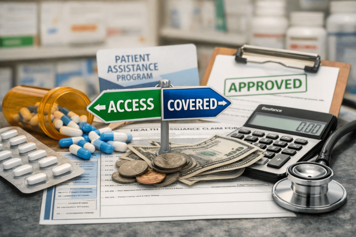 Conceptual image showing medical costs, prescription pills, insurance documents, and a sign reading “Access” and “Covered,” symbolizing payer-first pharma marketing and healthcare affordability.