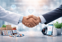 Co-Branding with Caution: How Non-Pharma Partnerships Reshape Trust and Messaging A healthcare professional in a lab coat shaking hands with a business executive, symbolizing a partnership between the pharmaceutical and non-pharma sectors surrounded by medical and technology icons.