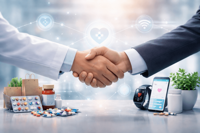 A healthcare professional in a lab coat shaking hands with a business executive, symbolizing a partnership between the pharmaceutical and non-pharma sectors surrounded by medical and technology icons.