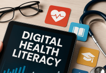 Pharma’s Role in Digital Health Literacy: Marketing Mandate or Mission Creep? A tablet displaying "DIGITAL HEALTH LITERACY" surrounded by healthcare symbols, stethoscope, and eyeglasses on a wooden surface.