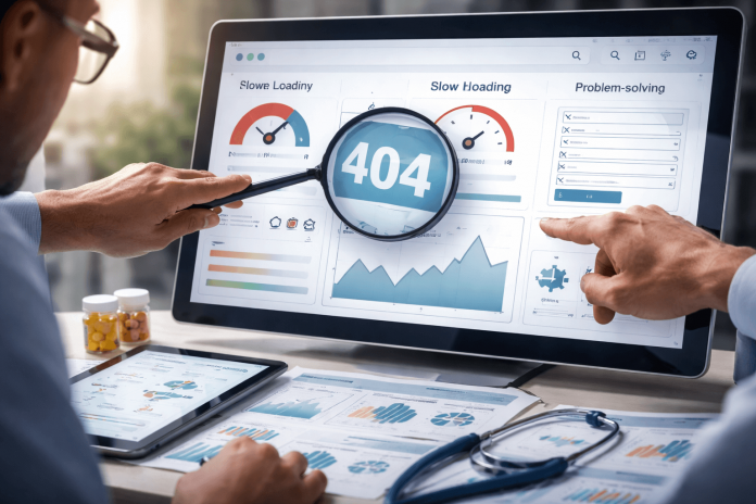 Professionals analyzing a pharma website with UX issues like 404 errors, slow load times, and complex forms on a digital dashboard.