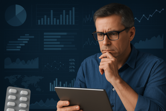 A thoughtful middle-aged man analyzing pharmaceutical marketing data on a tablet, with graphs and a pill pack in the background.