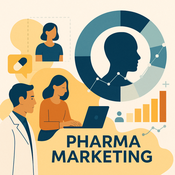 Illustration depicting personalized pharma marketing with human figures, data visualizations, and AI symbols representing modern segmentation strategies.