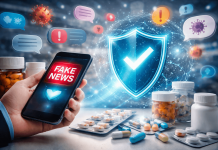 When Pharma Becomes a Punchline: Crisis Readiness in the Misinformation Age A hand holding a smartphone displaying "Fake News" surrounded by pills, social media icons, and a digital shield symbolizing pharma's battle against misinformation.