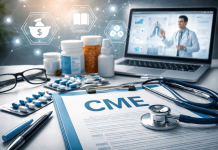 CME in the Grey Zone: Navigating the Blurred Lines Between Education and Promotion A CME document on a clipboard surrounded by medical tools and a laptop showing a virtual medical presentation, symbolizing the intersection of education and pharma sponsorship.