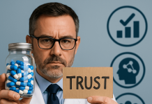 The New Metrics of Pharma Trust: Reputation, Relevance & Impact Male scientist holding a jar of pills and a sign labeled "TRUST" against a healthcare-themed background.