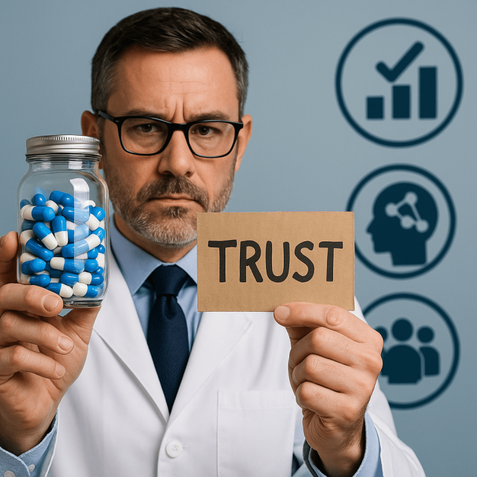Male scientist holding a jar of pills and a sign labeled 