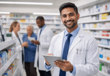 Pharmacists at the Frontline: Why the Retail HCP Deserves a New Marketing Strategy A smiling pharmacist in a white coat holding a tablet in a retail pharmacy, symbolizing frontline healthcare engagement.