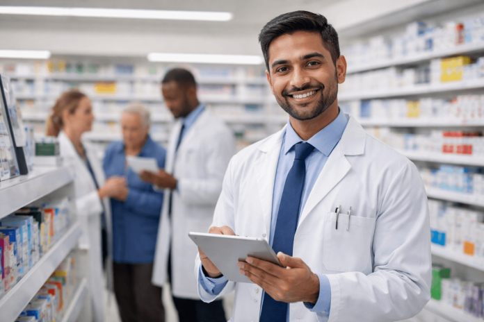 A smiling pharmacist in a white coat holding a tablet in a retail pharmacy, symbolizing frontline healthcare engagement.