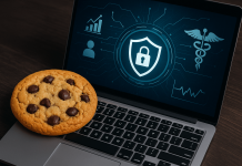 Post-Cookie Reality Check: Pharma Data Strategy for a Privacy‑First Web A chocolate chip cookie rests on a laptop keyboard displaying digital icons for data privacy and healthcare, symbolizing pharma's post-cookie data strategy shift.