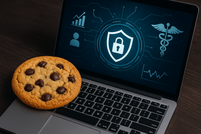 A chocolate chip cookie rests on a laptop keyboard displaying digital icons for data privacy and healthcare, symbolizing pharma's post-cookie data strategy shift.