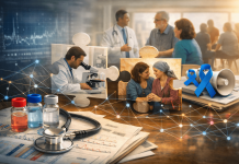 Rare, Real, and Under-Measured: Marketing Strategy in Data-Poor Disease States Collage of rare disease pharma marketing elements including a microscope, patient support group, awareness ribbons, and data charts, symbolizing research and advocacy.
