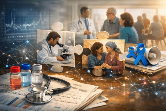 Collage of rare disease pharma marketing elements including a microscope, patient support group, awareness ribbons, and data charts, symbolizing research and advocacy.