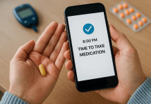 Micro-Moment Personalization in Chronic Care Marketing A person holding a yellow pill in one hand and a smartphone showing a medication reminder in the other, with a glucometer and pill pack in the background.