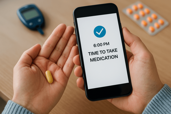 A person holding a yellow pill in one hand and a smartphone showing a medication reminder in the other, with a glucometer and pill pack in the background.