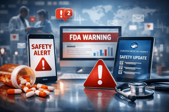 A digital scene showing a spilled pill bottle, stethoscope, and multiple screens displaying FDA and EMA safety alerts, representing real-time pharmaceutical safety communication.