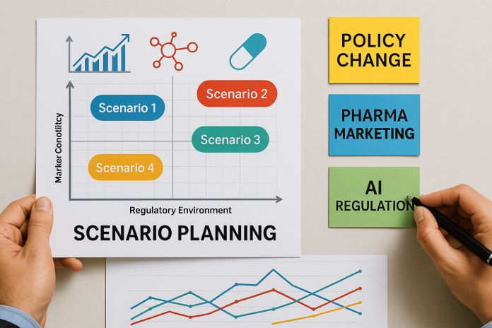 A pharmaceutical marketer analyzing a scenario planning chart with sticky notes labeled policy change, pharma marketing, and AI regulation.