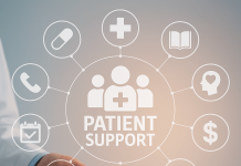 The Quiet Power of Service Design: Turning Patient Support into Strategic Advantage Two hands reaching out with icons representing healthcare services, centered around the phrase "Patient Support."