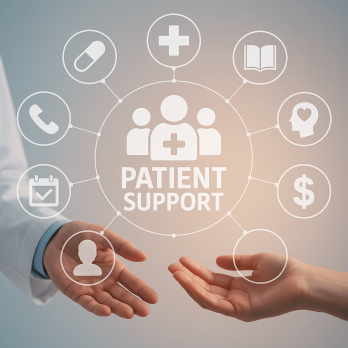 Two hands reaching out with icons representing healthcare services, centered around the phrase 