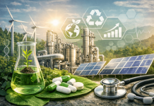 Green is the New Trust: Communicating Sustainability in Pharma Without Greenwashing A beaker with a sprouting plant, pills, and stethoscope in front of a pharmaceutical facility with solar panels and wind turbines symbolizing sustainable pharma marketing.