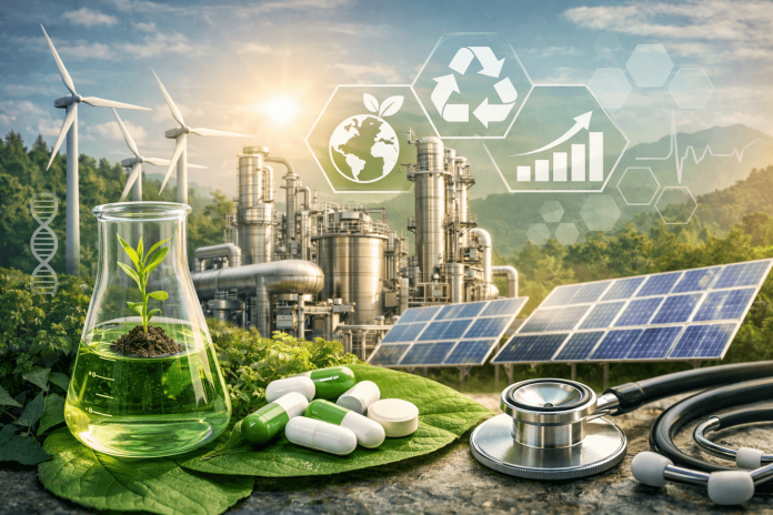 A beaker with a sprouting plant, pills, and stethoscope in front of a pharmaceutical facility with solar panels and wind turbines symbolizing sustainable pharma marketing.