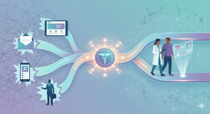Illustration of multiple pharma communication channels merging into a seamless digital health experience with a doctor and patient viewing health data.