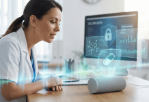 Voice Search & Pharma: Brands Ready for the Next Digital Shift? Doctor using voice assistant with digital health data visuals in a medical office setting